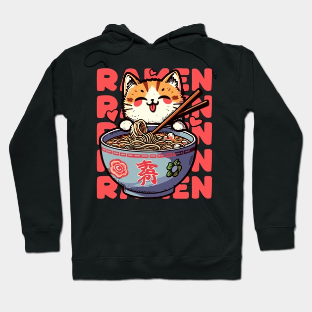 Cute Kawaii Anime Ramen Lover Cat Retro Japanese Noodles Hoodie by MoDesigns22 